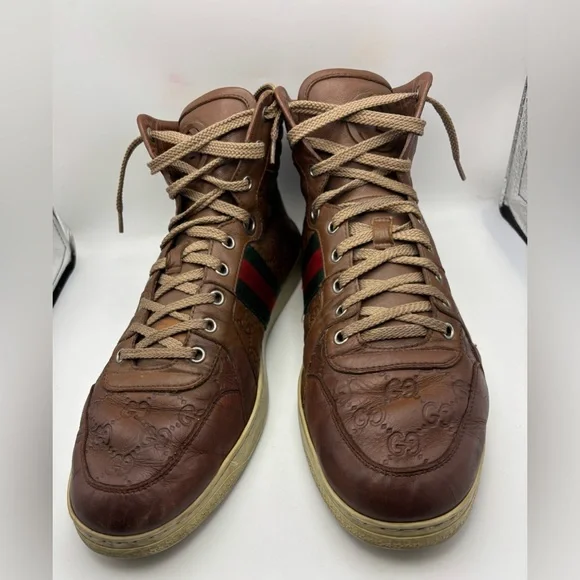 Gucci Guccissima High Top Sneakers Brown Leather Web Stripe Men’s 10.5 - Picture 2 of 13
